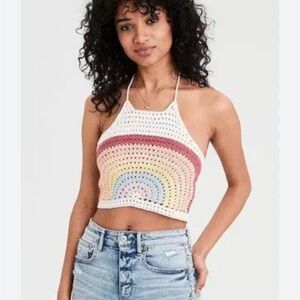 American Eagle crochet rainbow knit boho festival top M